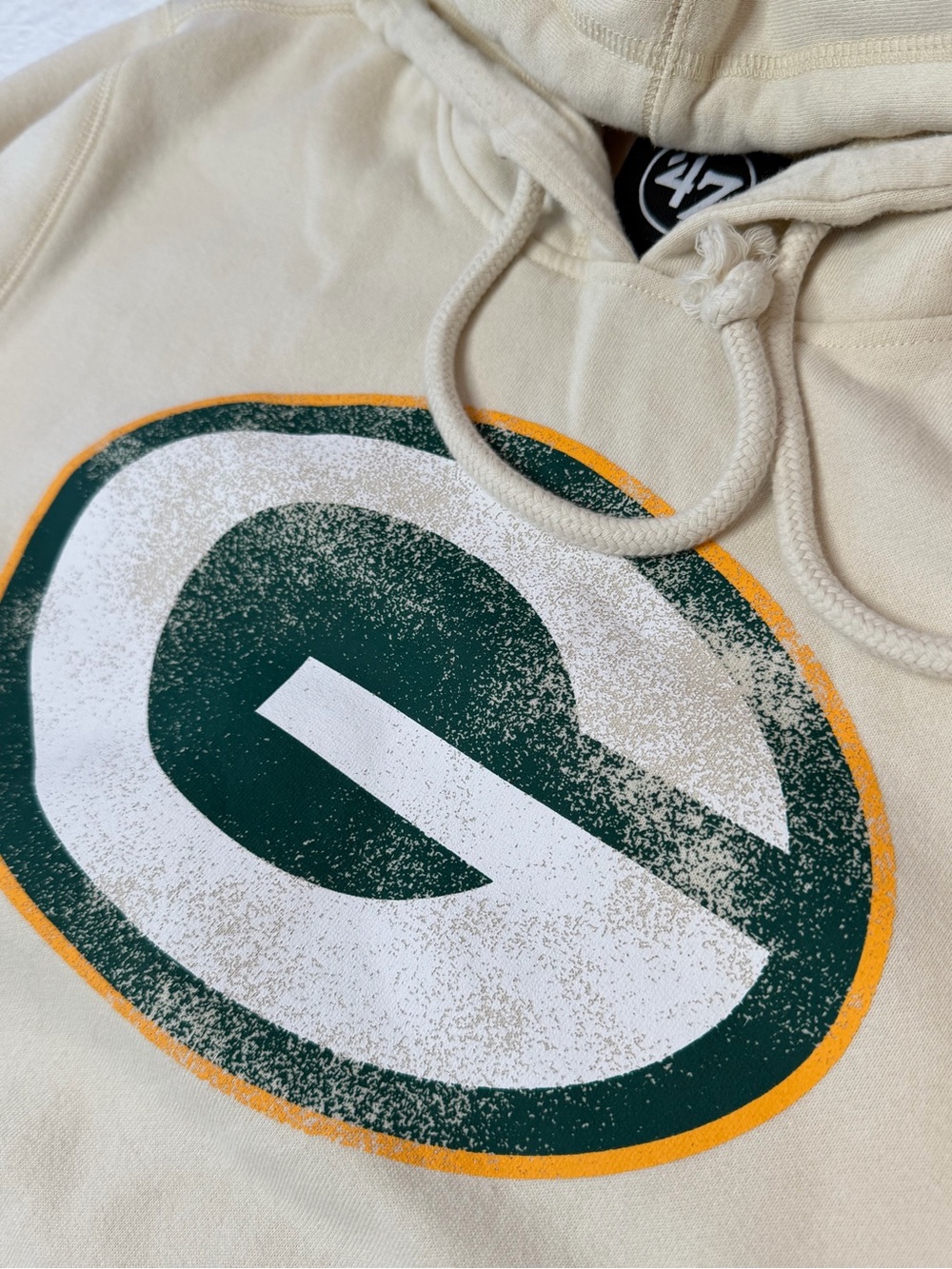 47 Brand Green Bay Packers‎ Hoodie Cream Distressed Logo NFL Medium